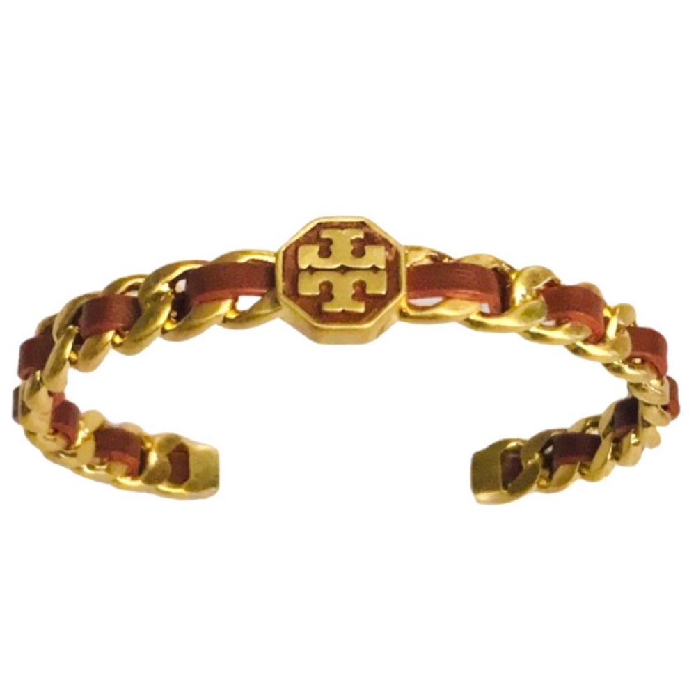 TORY BURCH • Rust Brown Woven Leather Marion Chain Cuff Bracelet - Picture 1 of 6